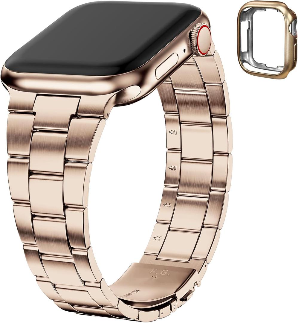 Fullmosa No Tools Needed Compatible with Apple Watch Bands for Women Men 46mm Series 11 10, Metal Strap Stainless Steel Wristband with Case for iWatch, Rose gold