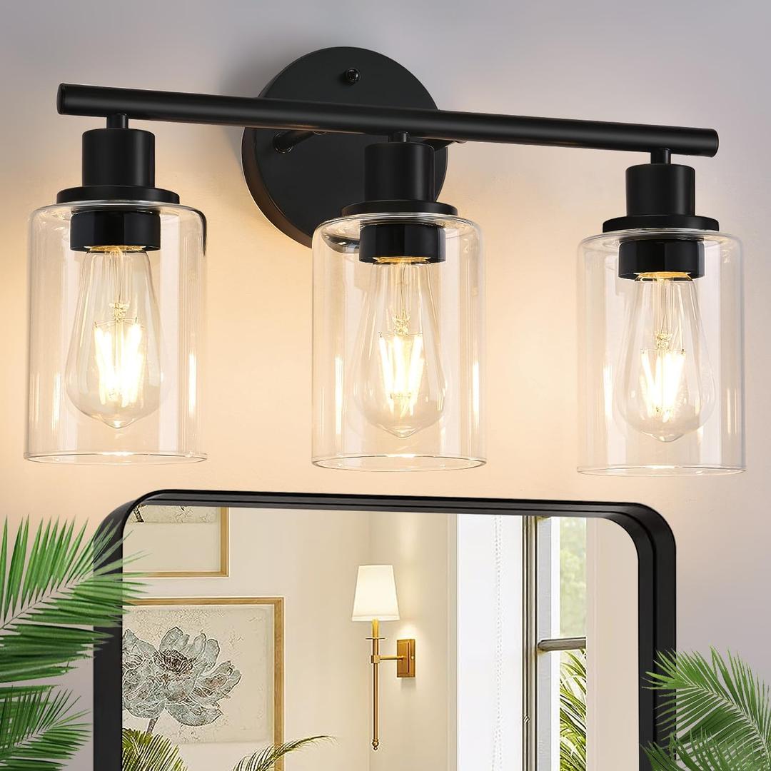 Zarbitta 3-Light Bathroom Light Fixtures, 17.23" Black Modern Vanity Lights with Clear Glass Shade, Bathroom Wall Lamp for Mirror Kitchen Living Room Hallway Cabinet Porch
