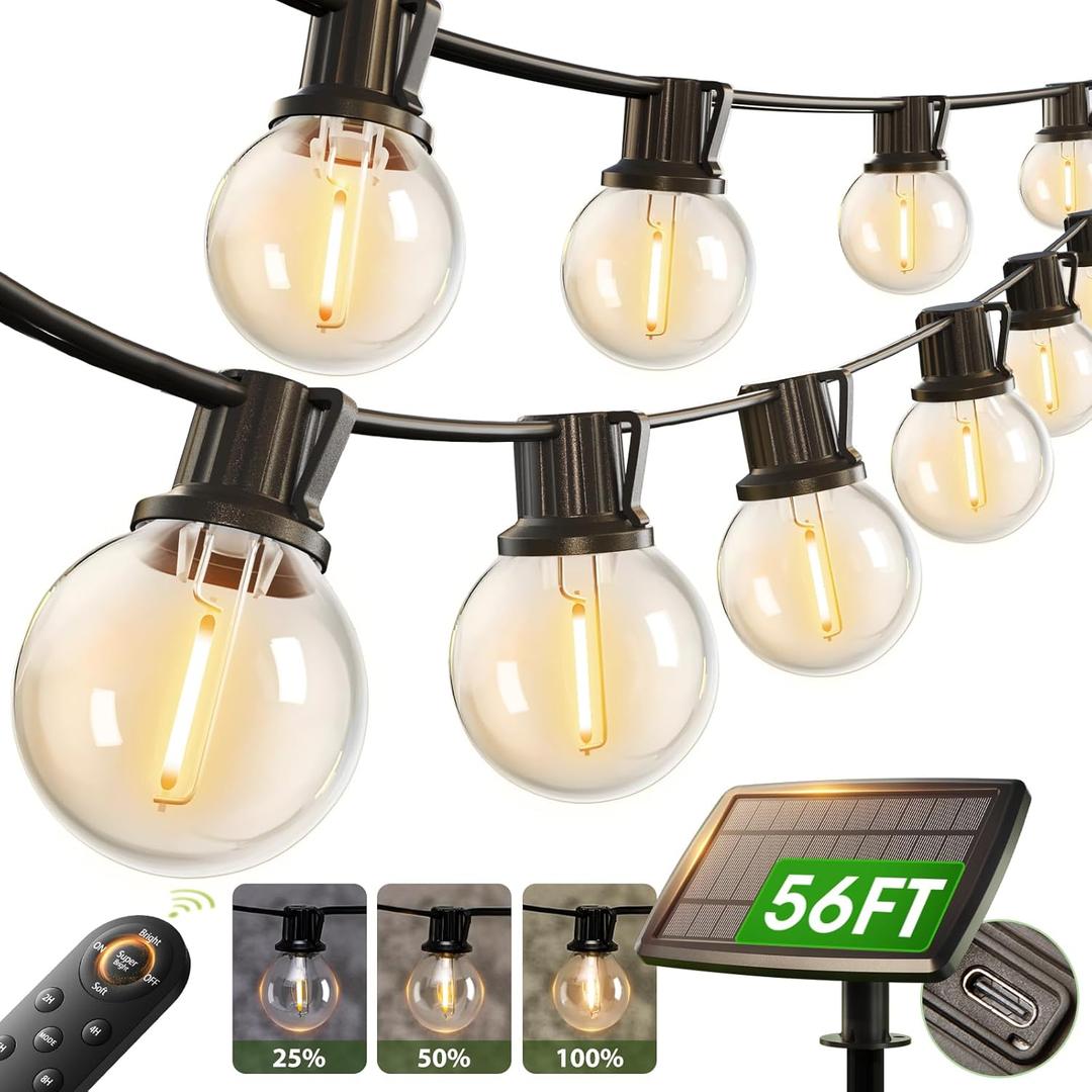 addlon 56FT(50+6) Solar String Lights Outdoor with Remote, 27 Shatterproof G40 Bulbs, Solar Powered & USB Charging Patio Lights, Dimmable Waterproof Solar String Lights for Outside, Camping, Backyard addlon 56FT(50+6) Solar String Lights Outdoor with Remote, 27 Shatterproof G40 Bulbs, Solar Powered & USB Charging Patio Lights, Dimmable Waterproof Solar String Lights for Outside, Camping, Backyard