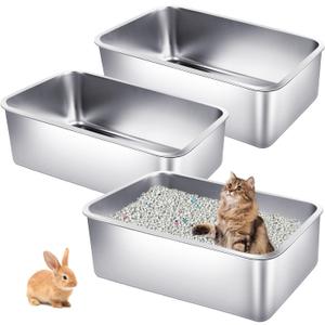 3 Pack Stainless Steel Cat Litter Boxes 23.6"L x 15.7"W x 5.9"H Extra Large Metal Litter Boxes with High Side Sturdy Aluminum Cat Litter Pans for Pet No Smell, Non Stick, Easy to Clean (XL)