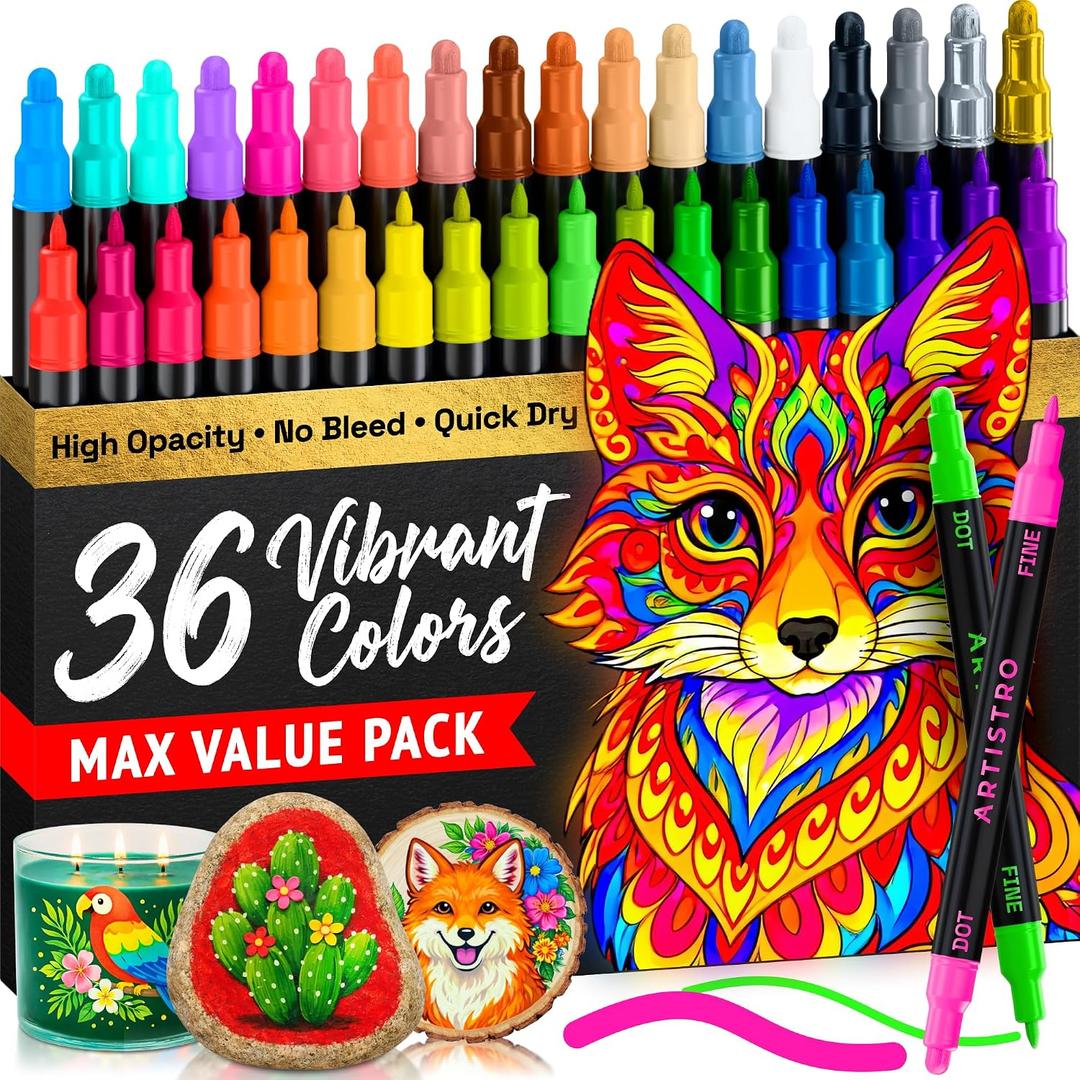 ARTISTRO 36 Precision Dual-Tip Acrylic Paint Markers Paint Pens Set with Dot & Fine Tips for Fabric, Rock, Glass, Wood, Coloring Books Classroom & Art Supplies Gift Teacher Appreciation Gift