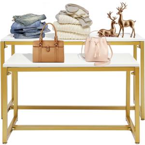 2-Piece Set Gold Modern Nesting Tables, Metal Shoe Handbag Retail Display Racks, Metal Display Riser Shelf for Shoes, Handbags, Home, Clothing Shops, Retail Stores, 100cm x 40cm x 56cm