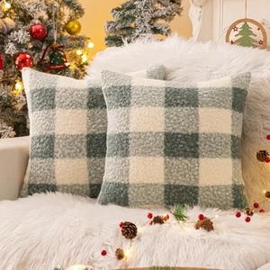 AQOTHES Light Green White Plaid Winter Throw Pillow Covers 18x18 Inch Set of 2, Boucle Faux Fur Pillow Covers,Cozy Fluffy Home Living Room Farmhouse Decor for Sofa Couch Bed