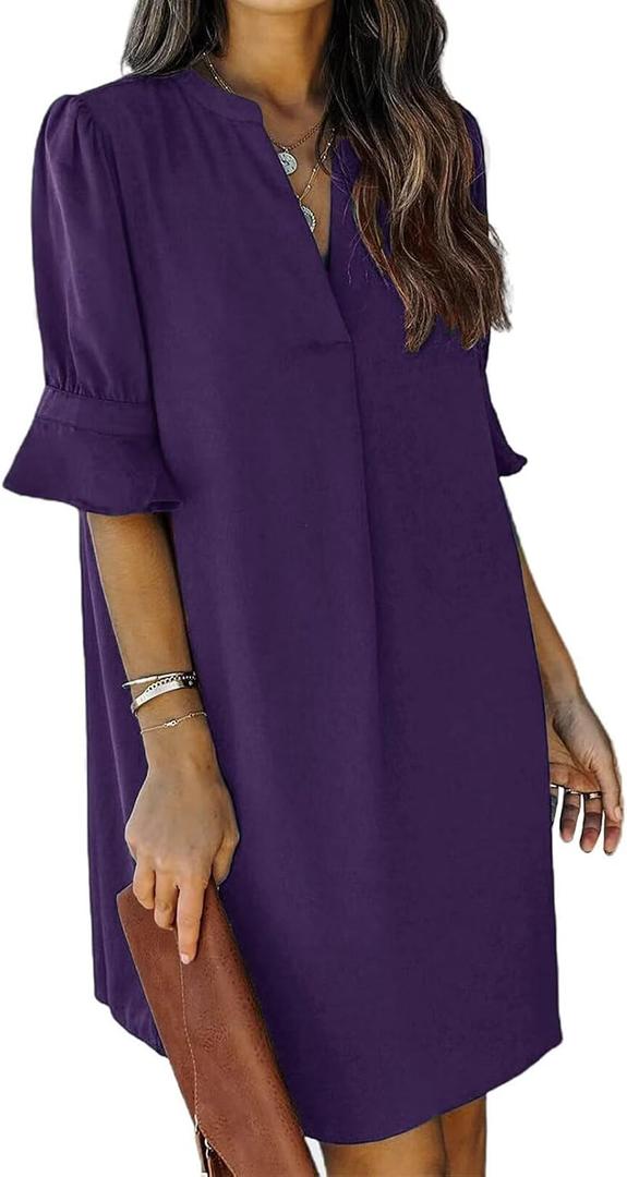 QACOHU Summer Dresses for Women V Neck Ruffle Short Sleeve Casual Shift Dress (Purple, L)