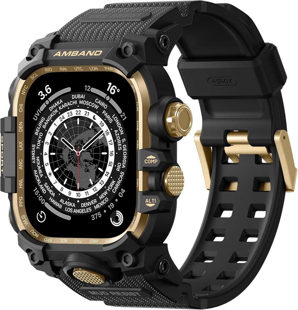 amBand Rugged Case with Band for Apple Watch 45mm, Compatible with Apple Watch (iWatch) Series 9/8/7, Military Grade Shockproof Bumper Cover, Tactical Band for Men, Black Gold