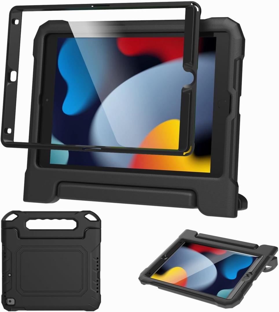 MAISON Kids Case for iPad 9th/8th/7th Generation, 2021/2020/2019 10.2 inch Case - Shockproof Protective Lightweight Handle Bumper Stand Cover with Built-in Screen Protector (Black)