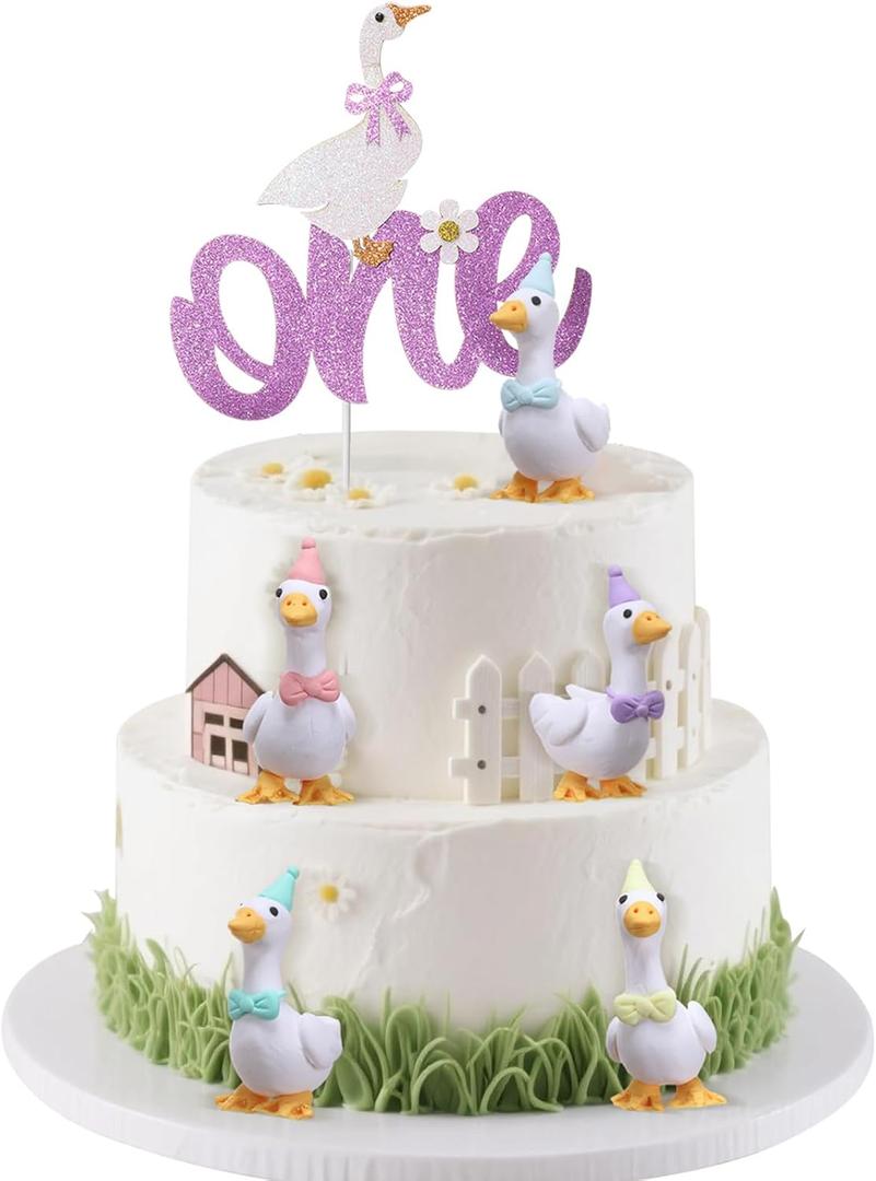 6pcs One Silly Goose Cake Topper Pastel 1st Birthday Cake Decorations Coquette Girl Goose With Pink Party Hat and Bow for Birthday Party Supplies