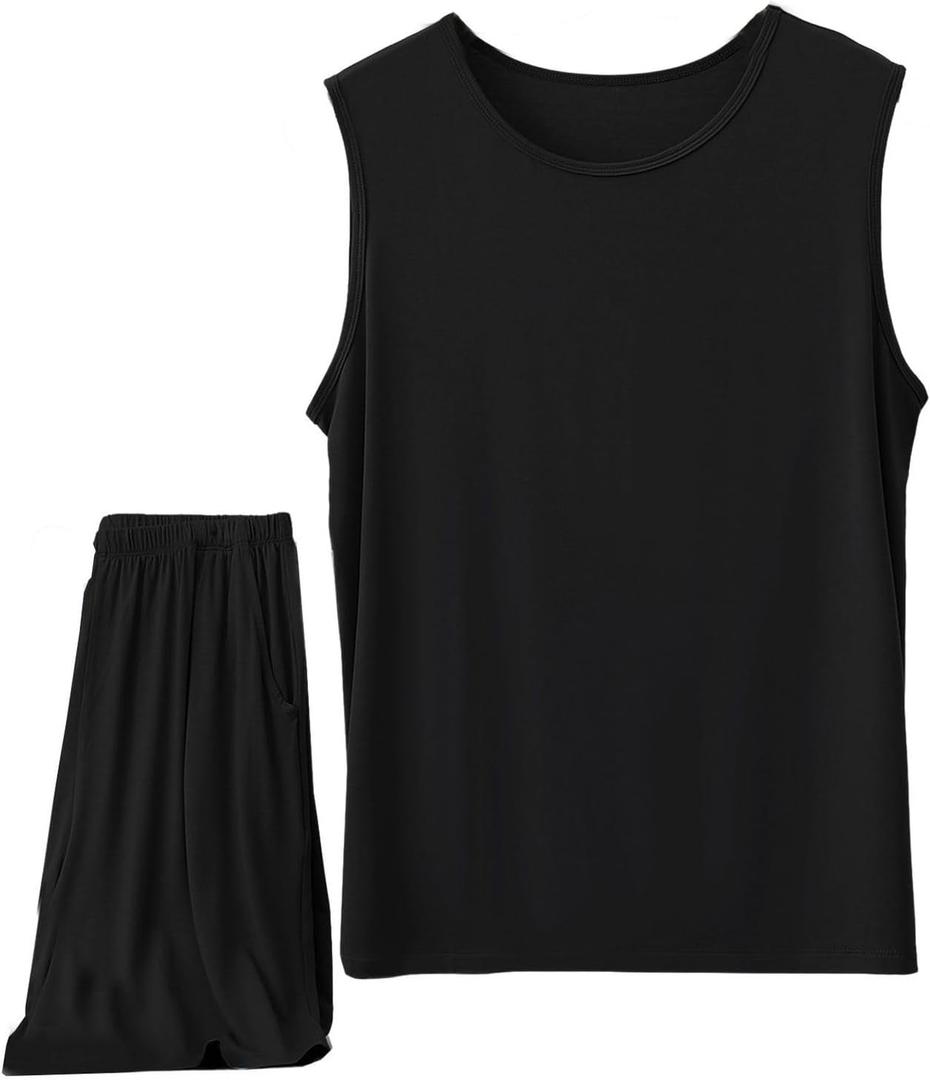 Men's Soft 2 Piece Outfits Shorts Sets Tracksuit Thin Tank Tops Casual Comfy Summer Lounge Cool Boxer (Black), Size: Small