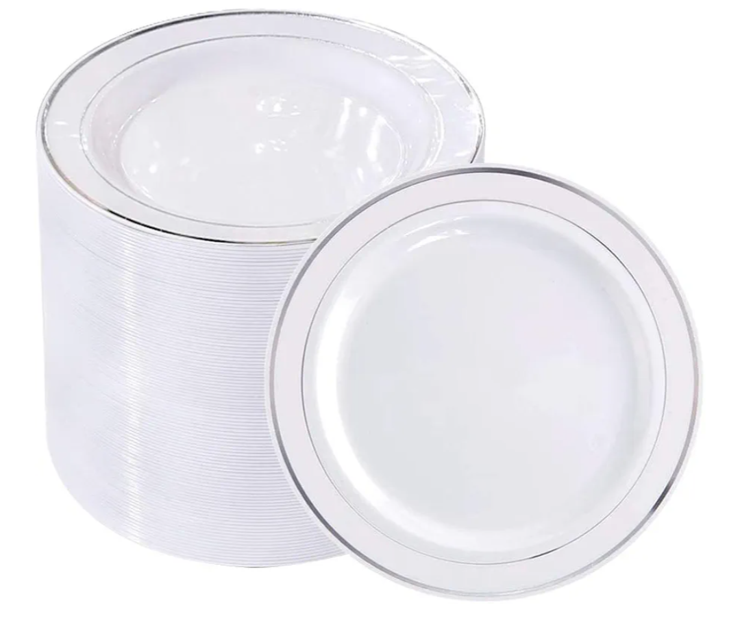 bUCLA 100Pieces Silver Plastic Plates - 6.25inch White with Silver Rim Disposable Salad/Dessert/Appetizer/Small Cake Plates for Weddings, Parties&Gathering