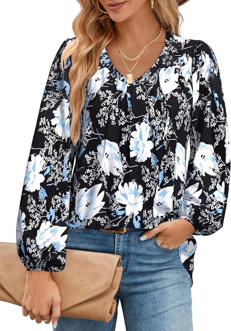 Womens Long Sleeve Shirts Plus Size Tops V Neck Tunic Tops Blouse Dressy Causal T-Shirts Pleated Shirts (Black, S)