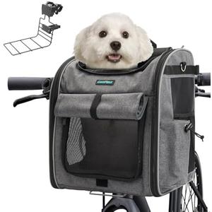DAISTERN Foldable Front Bike Basket for Dogs, 4-in-1 Pet Carrier Backpack/Shoulder Bag/Car Seat with Heavy-Duty L-Shaped Mount Φ2.17 inch, Waterproof Cushion & Reflective Strips, Supports Up to 22lbs