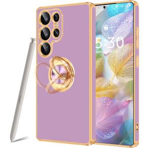 Fingic for Galaxy S25 Ultra Case[with 360Rotatable Ring Holder] Support Magnetic Car Mount Shiny Plating Gold Slim Thin Soft TPU Rugged Bumper Anti-Scratch Case for Galaxy S25 Ultra,Lavender Purple