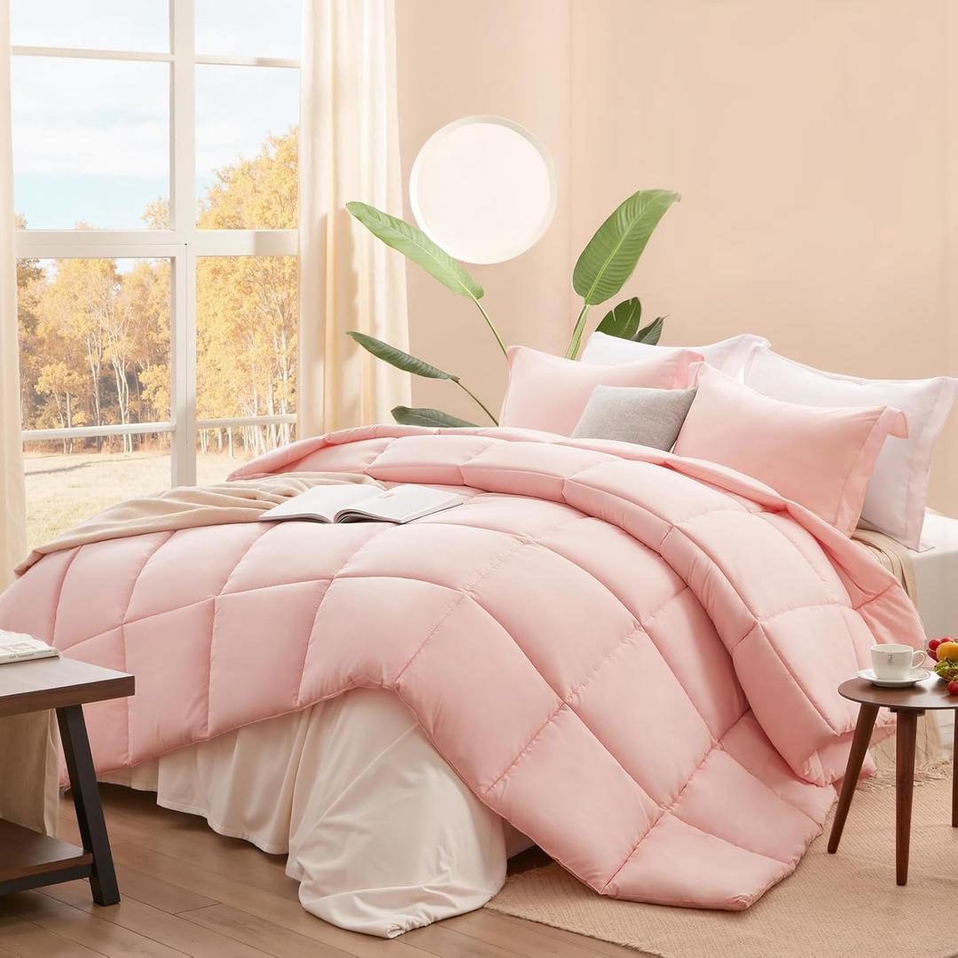 SunStyle Home Twin Comforter Set Pink, Twin Size Comforters Solid Box Stitched 2 Pieces Bedding Sets, Soft Breathable Down Alternative Bed Set with Pillow Sham for Kids Teen Girls Dorm (Twin (68"x88"))