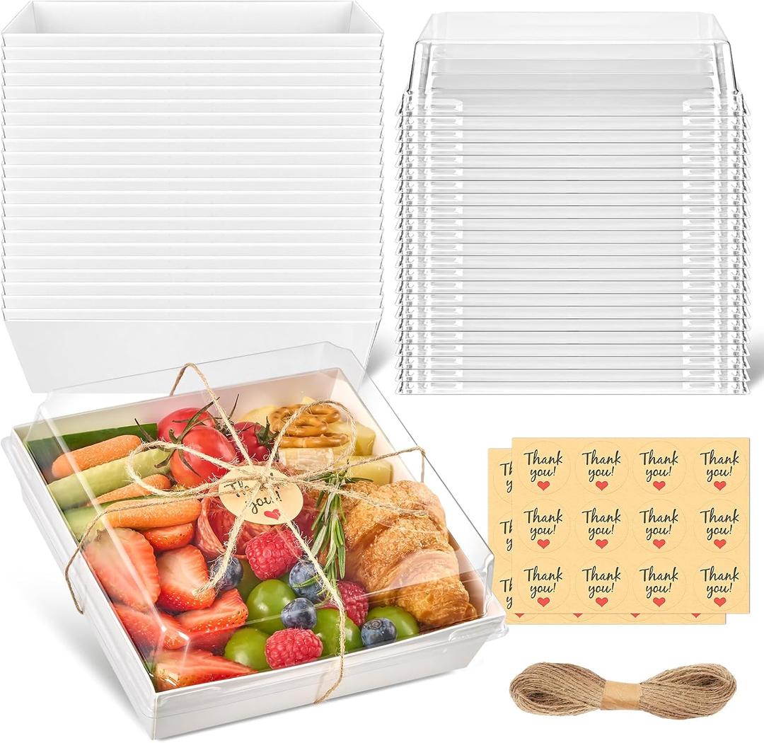 ZORRITA 7 x 7 Inch Large Charcuterie Boxes with Clear Lids, 20 Pack Disposable Square Bakery Boxes To Go Food Containers for Charcuterie, Cake Slices, Desserts, Strawberries, Cookies (White)