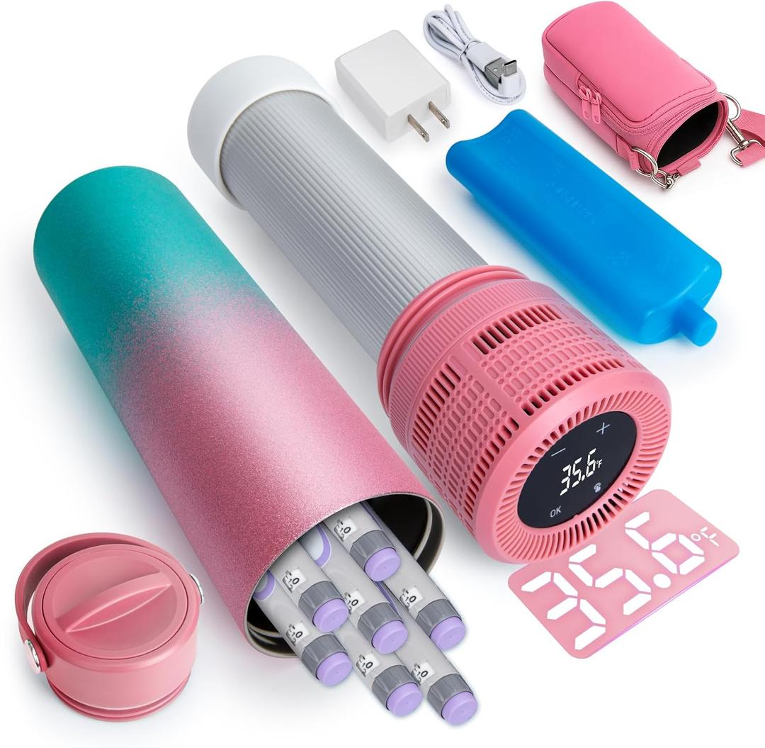 YOUSHARES Electric Insulin Cooler Travel Case, 35-68°F Custom & Display Temperature Medical Cooler with Biogel, TSA Approved Diabetic Medication Refrigerator, Portable for 1–7 Pens, Glitter-Pink