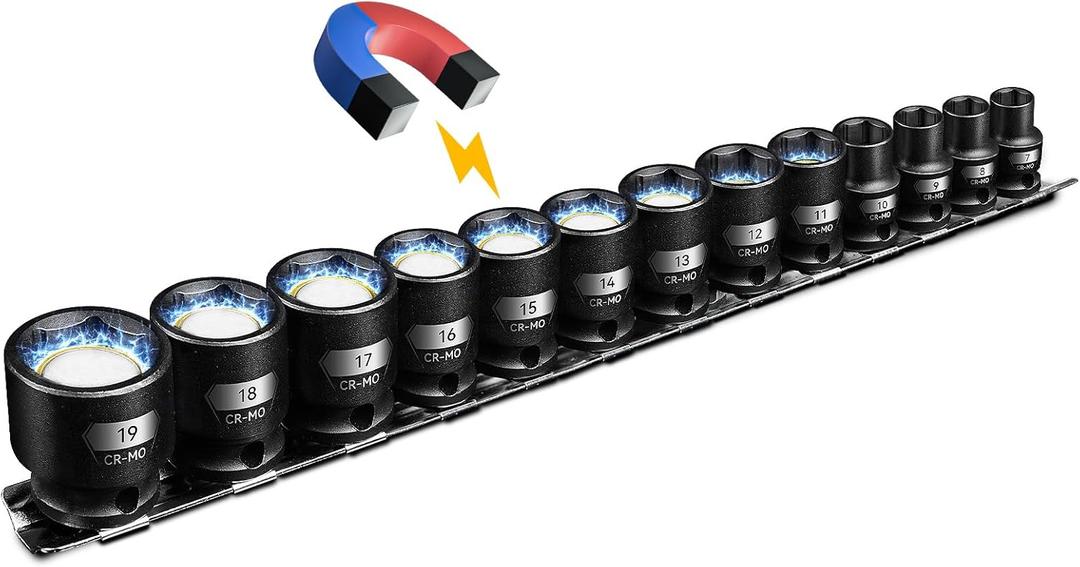 3/8" Drive Magnetic Impact Socket Set, 13-Piece Shallow Socket Set with Storage Rail, Metric Size 7mm-19mm, 6 Point Magnetic Sockets, Cr-Mo Steel