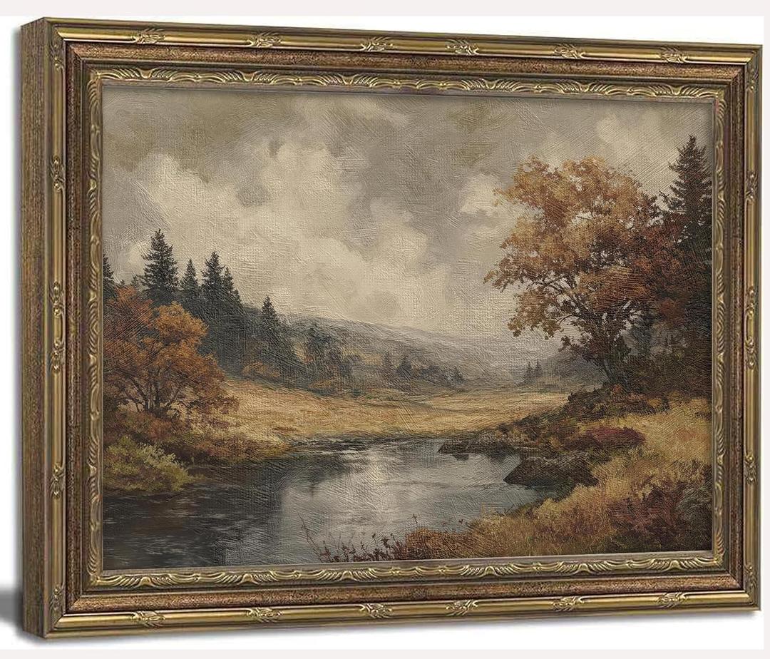 Vintage Gold Framed Landscape Canvas Wall Art Rustic Moody Lakeside Wall Decor Picture River Lake Nature Meadow Poster Print for Living Room Bedroom Farmhouse Bathroom Home Decoration 9x11in