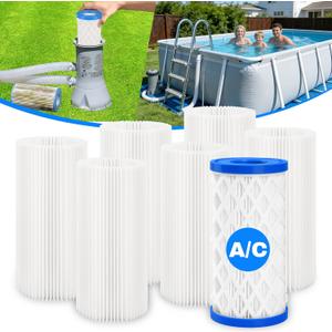 6 Pack Universal Pool Filters for Type A Type C or III Cartridge Pump, Reusable Pool Filter Type A/C for AboveGround Swimming Pools&SPAIncludes 1 Removable Cartriaqe and 6 Replacement Filter Papers)