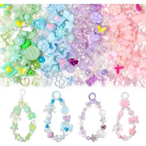 HSONAIGEE 200-220 Pieces Acrylic Beads for Bracelet Making, Assorted 4 Colors Cute Bead Charms Jewelry Making Kit Flower Heart Gummy Bear Star Beads for DIY Crafts Phone Charms Necklace Keychains (4 Colors Pink/Blue/Green/Purple)
