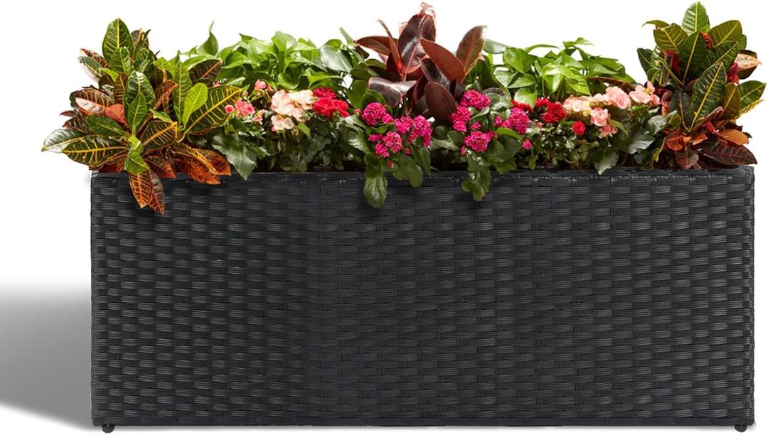 LEWIS&WAYNE Large Rectangular Block Planter Box Handmade Wicker Tall Planters for Outdoor Plants with Removable Liners Modern Planter for Indoor Outdoor Patio Deck - Black, 36''x12''x16''
