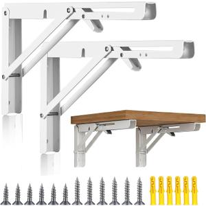2 Pcs 16 Inch White Folding Shelf Brackets, Collapsible Heavy Duty Shelf Bracket Wall Mounted for Table Bench, DIY Wall Table Hinges with Screws, Space Saving, Max Load 330 lb