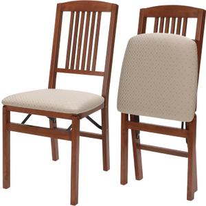 Stakmore Simple Mission Wooden Folding Chairs with Padded Seats, Set of 2 - No Assembly Foldable Dining Chairs, Steel Folding Mechanism, Upholstered Cushion, Space-Saving, Cherry Frame