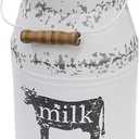 Metal Big Cow Galvanized Milk Can with Wooden Handle, Rustic White Farmhouse Vase Planter, Primitive Decorative Flower Holder for Home Wedding Table Centerpiece Decor Large - 11"
