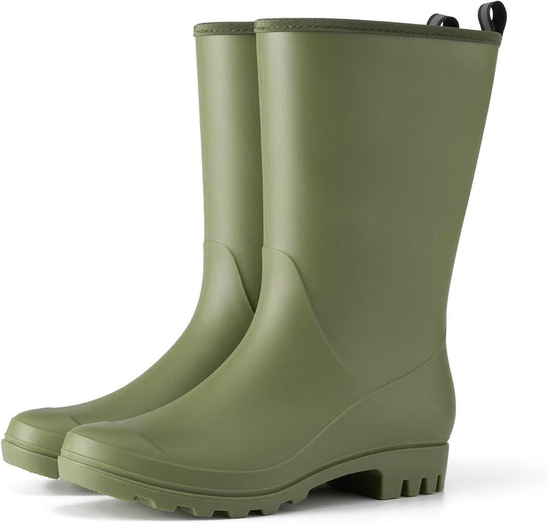 HISEA Women Rubber Boots Wide Calf Rain Boots Matte Surface Waterproof PVC Rubber Rain Boot Mid Height Rain Shoes for Outdoor Gardening Work Walking (9, Olive Green)
