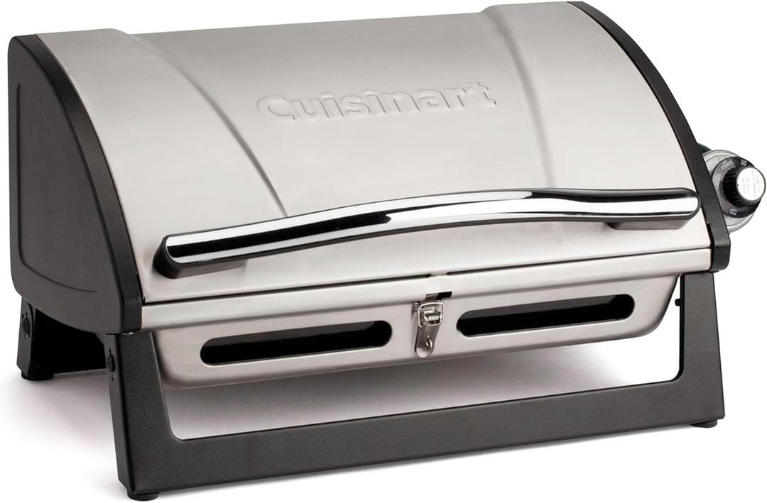 Cuisinart Grillster Portable Gas Grill, Stainless Steel Compact BBQ Grill with Locking Lid for Easy Transport, 8000 BTU Propane Grill with Dishwasher Safe Cooking Grate, Small Grill for Camping & BBQ