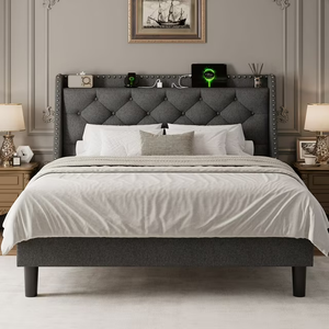 Virans Queen Bed Frame with 16" Deluxe Wingback & Charging Station, Upholstered Platform Bed with Button Tufted Storage Headboard, Dark Grey