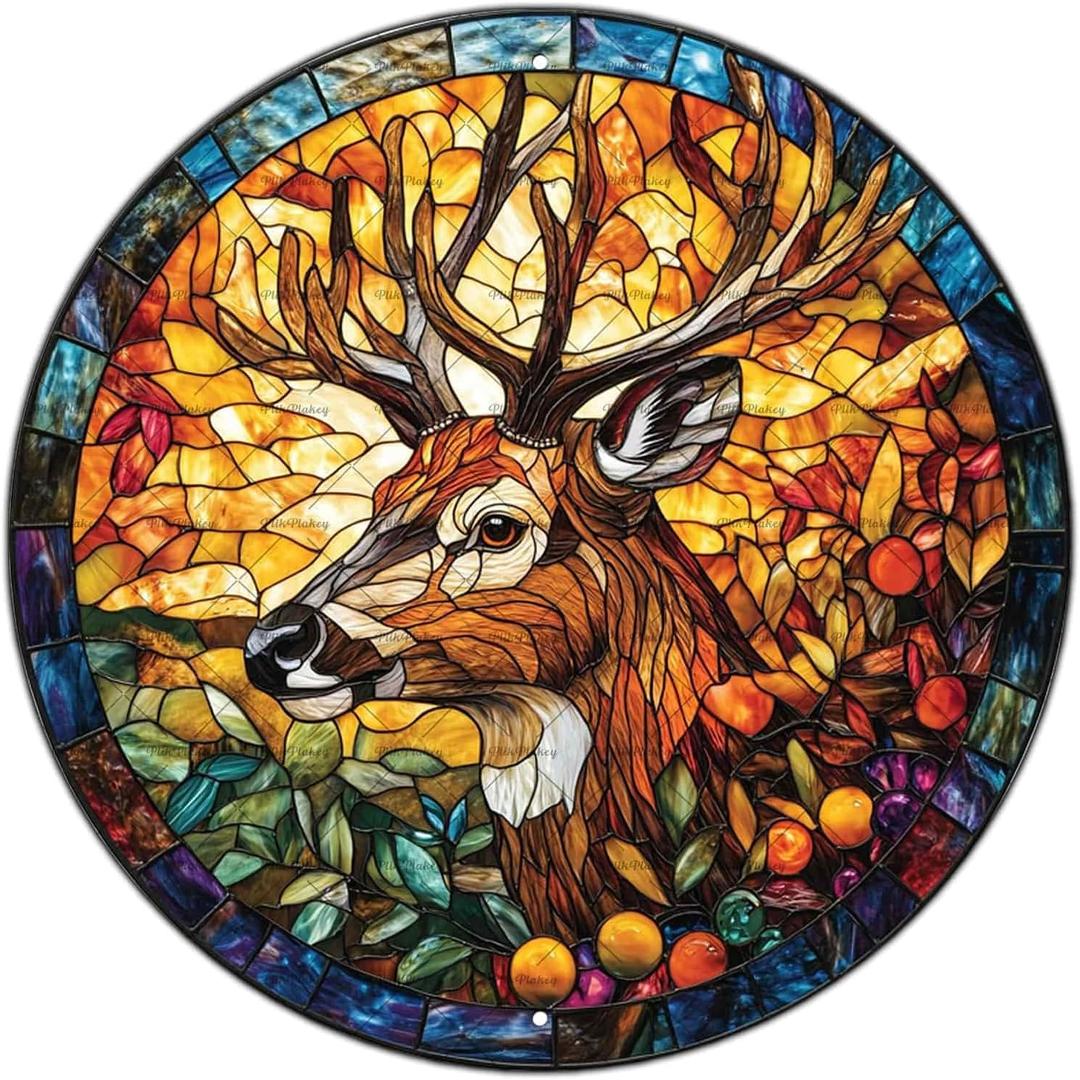 Deer Round Tin Sign Circular Stained Glass Style Metal Plaque Wreath Wall Decor Porch Home Kitchen Restaurant Bath Garden Backyard Hanging Garage Office Bar Decor Gift 12 Inch