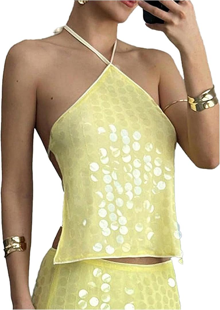 Milumia Women's Sequin Halter Neck Tops Sexy Backless Sleeveless Party Cami Top (L)