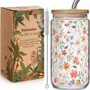 Floral Iced Glass Cups with Bamboo Lids and Straws 16oz Wildflower Coffee Cup Gift for Women Cute Flower Drinking Glass with Cleaning Brushes, Flower Gifts for Mother 's Day Birthday Bridesmaid Party
