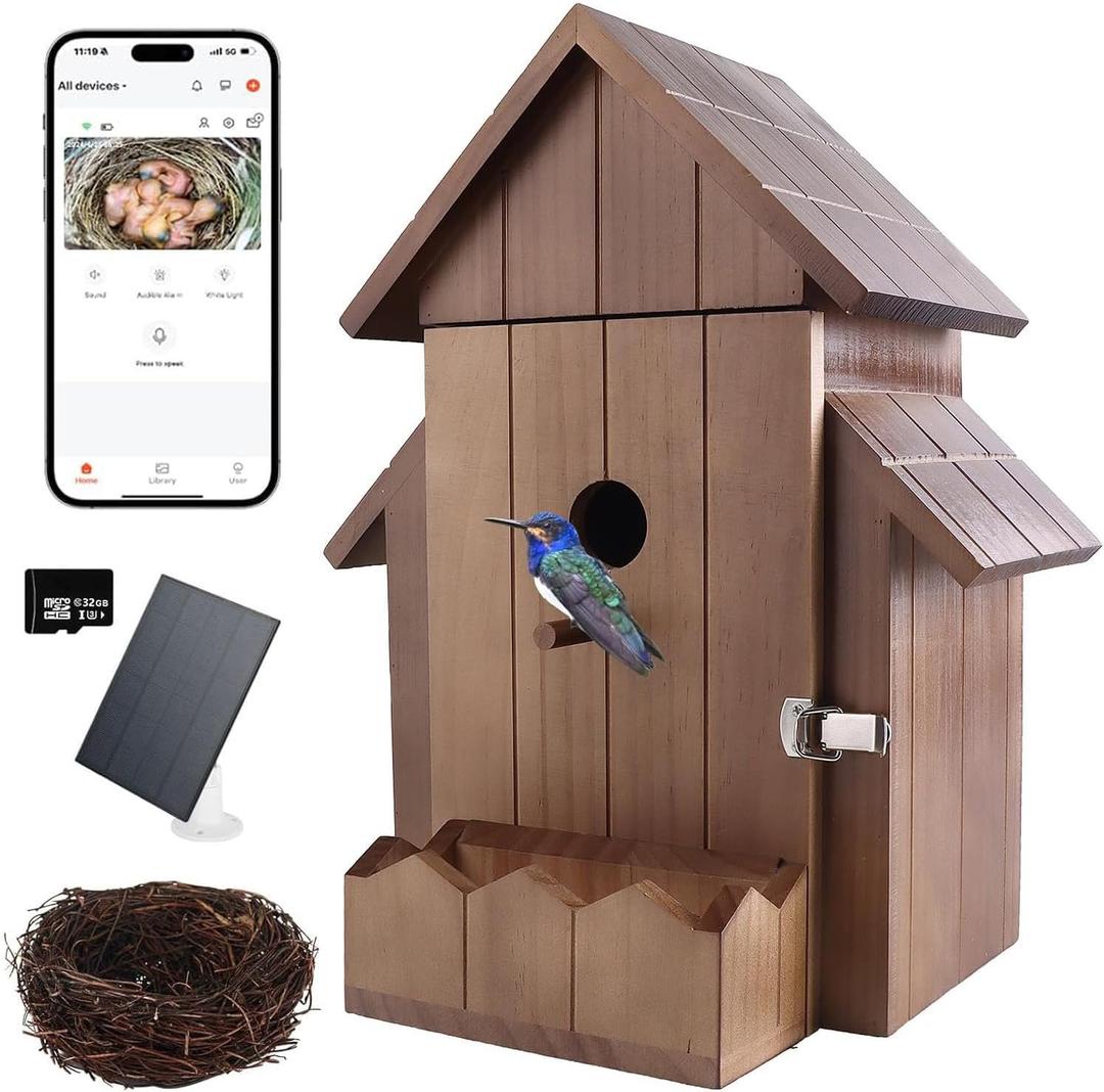 Bird House with Camera, Smart Birdhouse with Camera Solar Power, 1080p HD WiFi Outdoor Bird Box, Auto Capture Bird Videos & Motion Detection, Nesting Box for Birds (Dark Color, Normal)