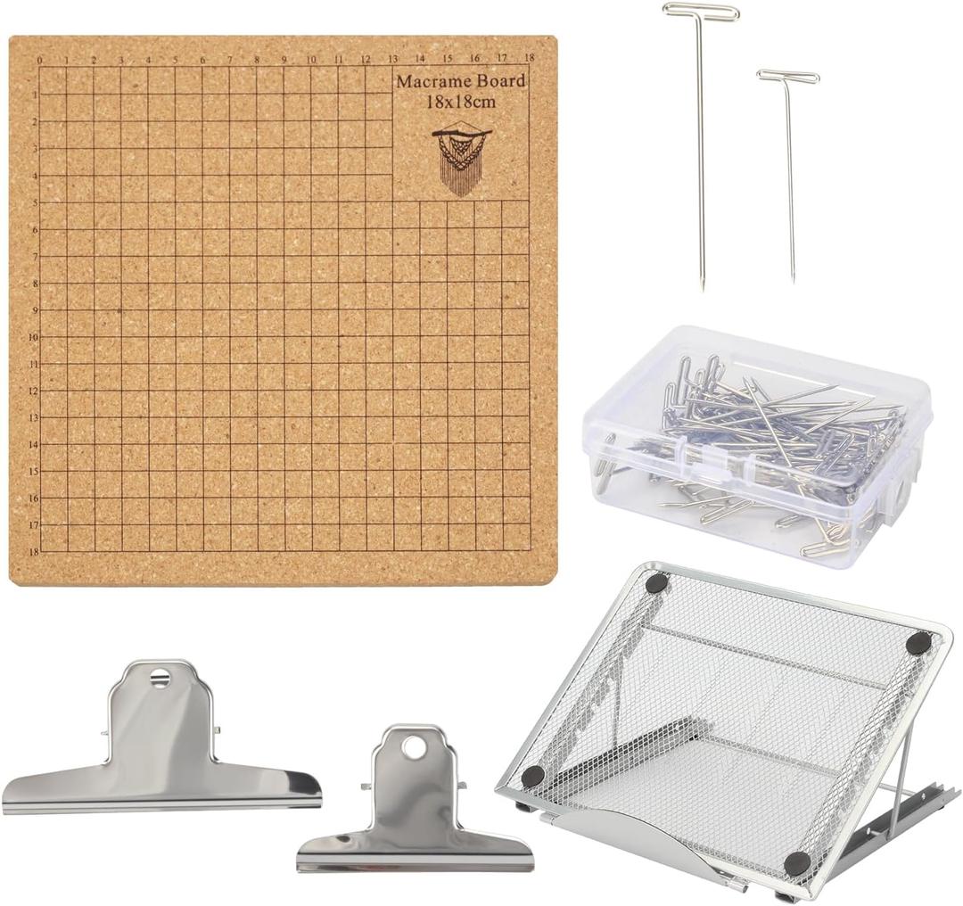 Lxmxgk 8x8 Inch Macrame Board Set, Macrame Board and Metal Adjustable Holder with T Pins Clips, Supplies Braiding Craft Helper, Board for Macrame and Knotting, Macrame Supplies Double Sided Grids