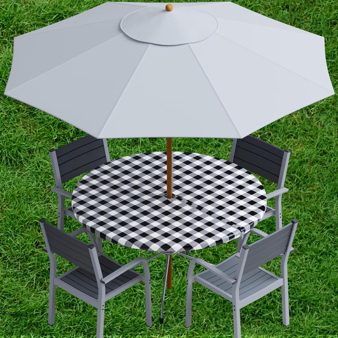 Sorfey Vinyl Umbrella Round Fitted Tablecloth Cover, Checkered Design, Flannel Backed Lining 30 Inch, Black