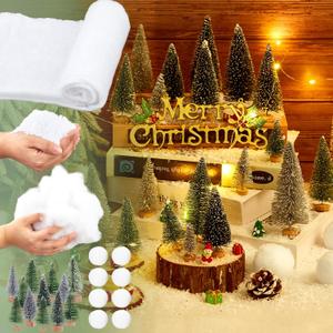 45 Pcs Christmas Fake Snow Sets Includes 8 x 3 Feet Snow Blanket, Artificial Snowflakes, Cotton, Mini Green Trees and LED Lights, Christmas Decoration for Winter Village