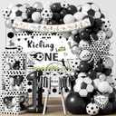 Soccer 1st Birthday Party Decorations, 1st Soccer Birthday Supplies Kit, Sports Football-Themed First Party Decor for Boys, Black and White Balloon Garland Banner Tablecloth Backdrop for 1st Boys