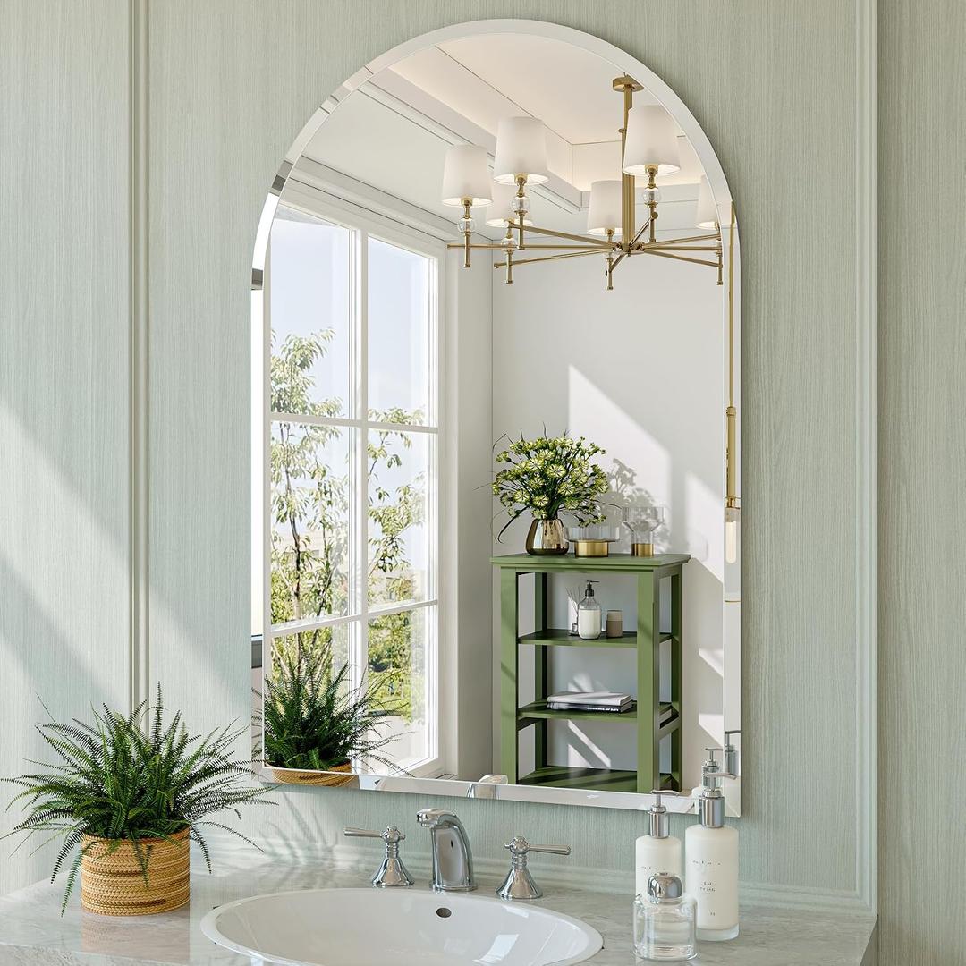 Frameless Bathroom Mirror, 24"x36" Arched Bathroom Vanity Mirrors for Beveled Edge, Arched Wall Mirror, Decorative Arch Mirrors for Bedroom, Entryway, Living Room