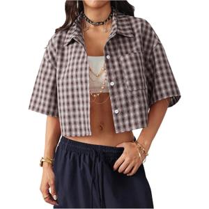 SOLY HUX Women's Button Down Vintage Plaid Shirts Short Sleeve Crop Blouses Preppy Clothes (Large, Coffee Brown Gingham)