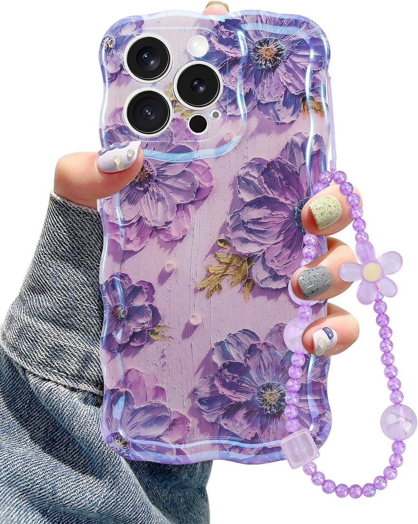 Jusy Compatible with iPhone 11 Pro Max,with Bracelet Chain, Colorful Retro Oil Painting Printed Flower Laser Glossy Pattern Cute Curly Wave Phone Case Soft TPU Cover for Girly Women - Purple