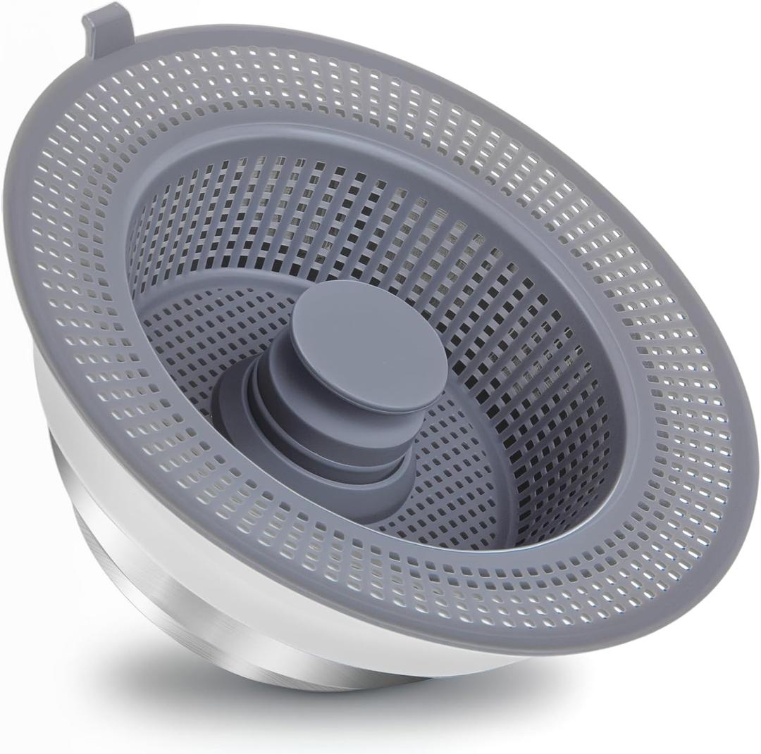 Huntonry 3 in 1 Kitchen Sink Drain Strainer and Stopper Combo, 304 Stainless Steel Pop Up Sink Drain Strainer with Handle Rod for US Standard 3-1/2 inch Drain, Anti-Clog with Big Basket