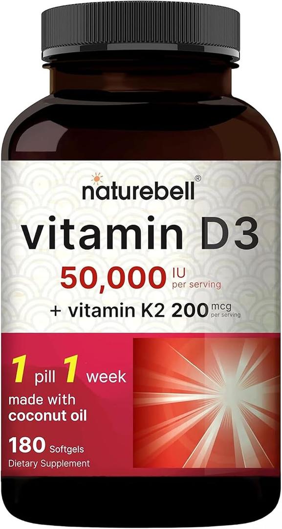 NatureBell Vitamin D3 50,000 IU with Vitamin K2 200mcg, 180 Softgels | High-Potency Bone & Immune Support*, Easy Absorption with Coconut Oil, Non-GMO & Gluten-Free