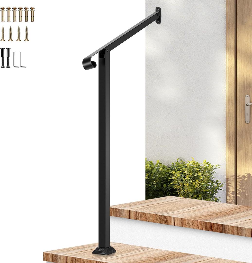 VIVOSUN Outdoor Handrail, 2 Step Stair Handrail, 31.5" x 39" Fits 1 to 2 Steps, Wrought Mattle Iron Stair Railing with Single Curved End for Concrete Steps, Porch Steps, One-Step Assembly, Black