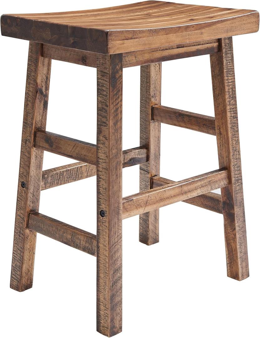 Alaterre Furniture Durango Solid Wood Rustic Single Bar Stool, Natural, 26” | Backless Bar Stools with Saddle Seats, Counter Height Barstool for Kitchen Island, Dining Room Seating, and Home Bar