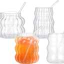 4 Pcs Creative Glassware Set Wave Shape Drinking Glasses with Glass Straw Aesthetic Cups Vintage Ribbed Glass Cups Cute Drinking Glasses for Tea Beer Water Cocktail Coffee Beverage Kitchen