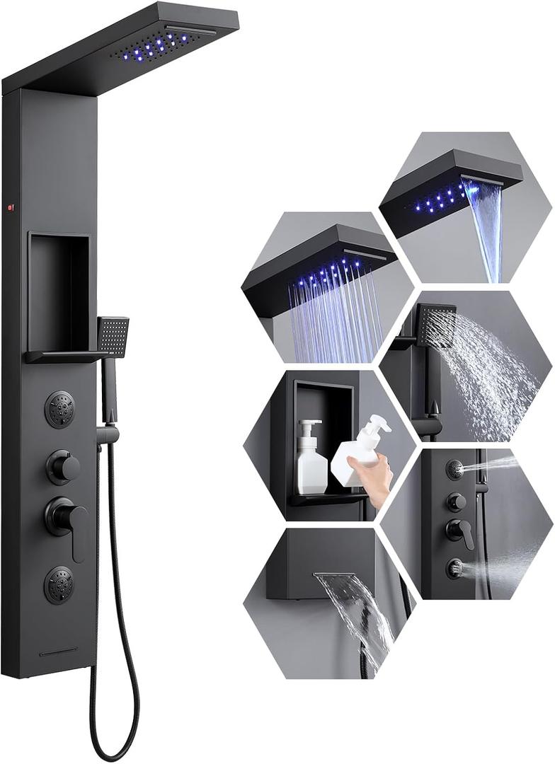 ROVATE 6 in 1 LED Rainfall Waterfall Shower Panel with Shelf, Matte Black