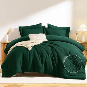 CozyLux King Size Comforter Set Emerald Green - 7 Pieces Striped Seersucker Bed in a Bag, Soft Lightweight Boho Bedding Set with All Season Comforters King Size, Sheets, Pillowcases & Shams