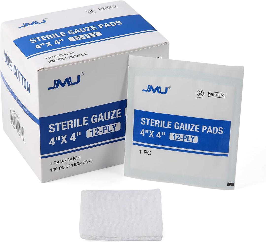 JMU 100 Pack Sterile Gauze Pads 4x4, 12-Ply, Woven Sponges Cotton Medical Gauze Pads for Wound Care, Highly Absorbent