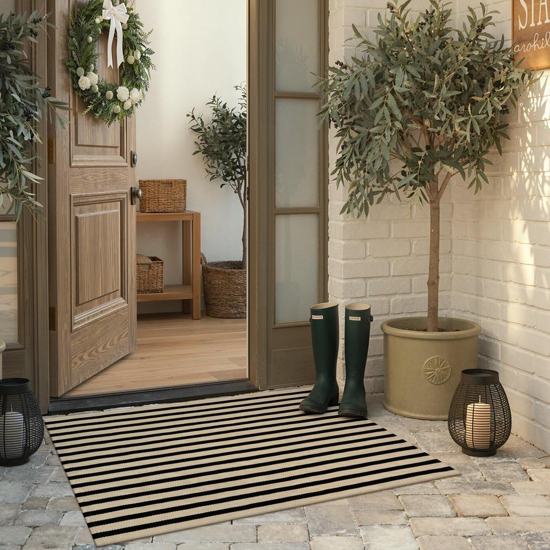 KIMODE Striped Outdoor Rug 27.5x43 Inches, Machine Washable Outdoor Front Porch Rug, Black and Khaki Front Door Mats, Hand Woven Welcome Layered Doormat Entryway Rug for Entrance, Doorway